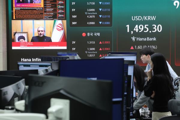 An electronic board showing the Korea Composite Stock Price Index at a dealing room of the Hana Bank headquarters in Seoul on Monday. (Yonhap)