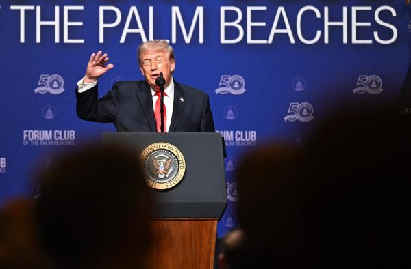 US President Donald Trump speaks during an event at the Raymond F. Kravis Center for the Performing Arts on Friday in Palm Beach, Florida. (AFP - Yonhap)